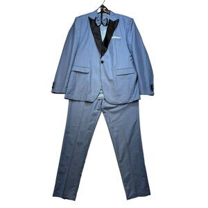 Wangyue Mens  3 Piece Tuxedo Suit XXL Dusty Blue Black Lapel & Bow Tie